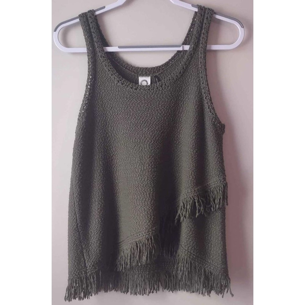 Anthropologie Akemi Kin Green Knit Fringe Tank Top Small Sleeveless Boho Hippie